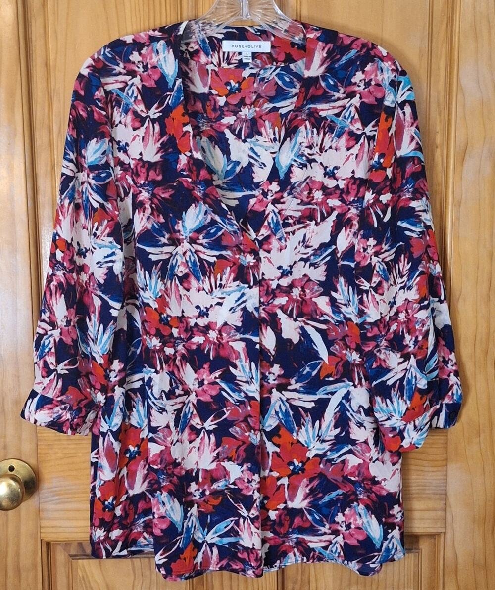 Rose + Olive Shirt Womens Large Bohemian Floral Abstract Summer Colorful Office
